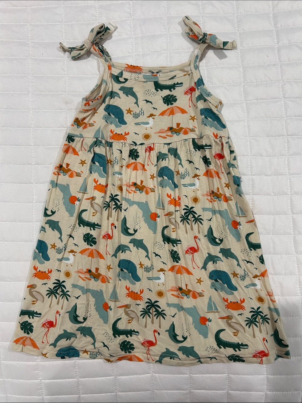 Girls' Cream Beach Print Tie-Strap Sundress